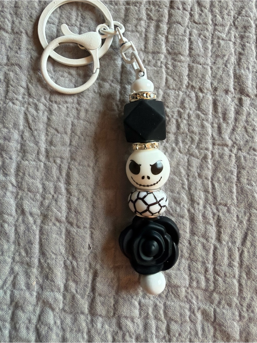 Black & White Skull Bead Keychain with Rose Charm